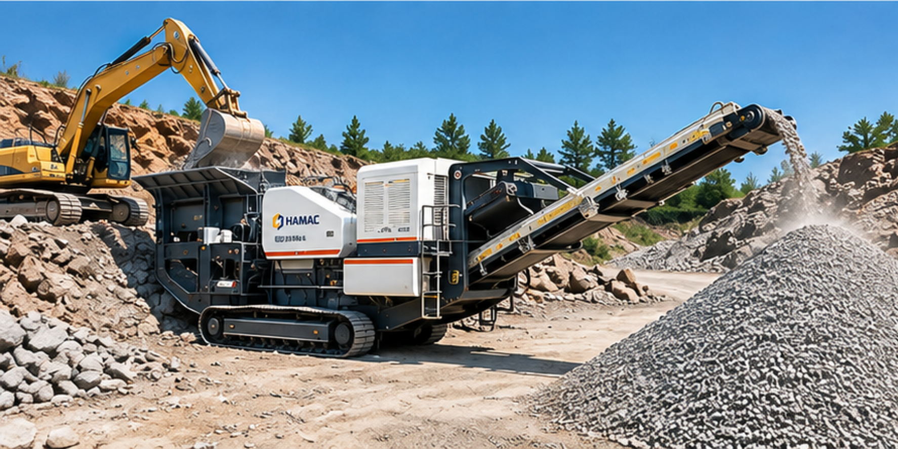 HAMAC tracked mobile crushing plant is operating in a quarry.