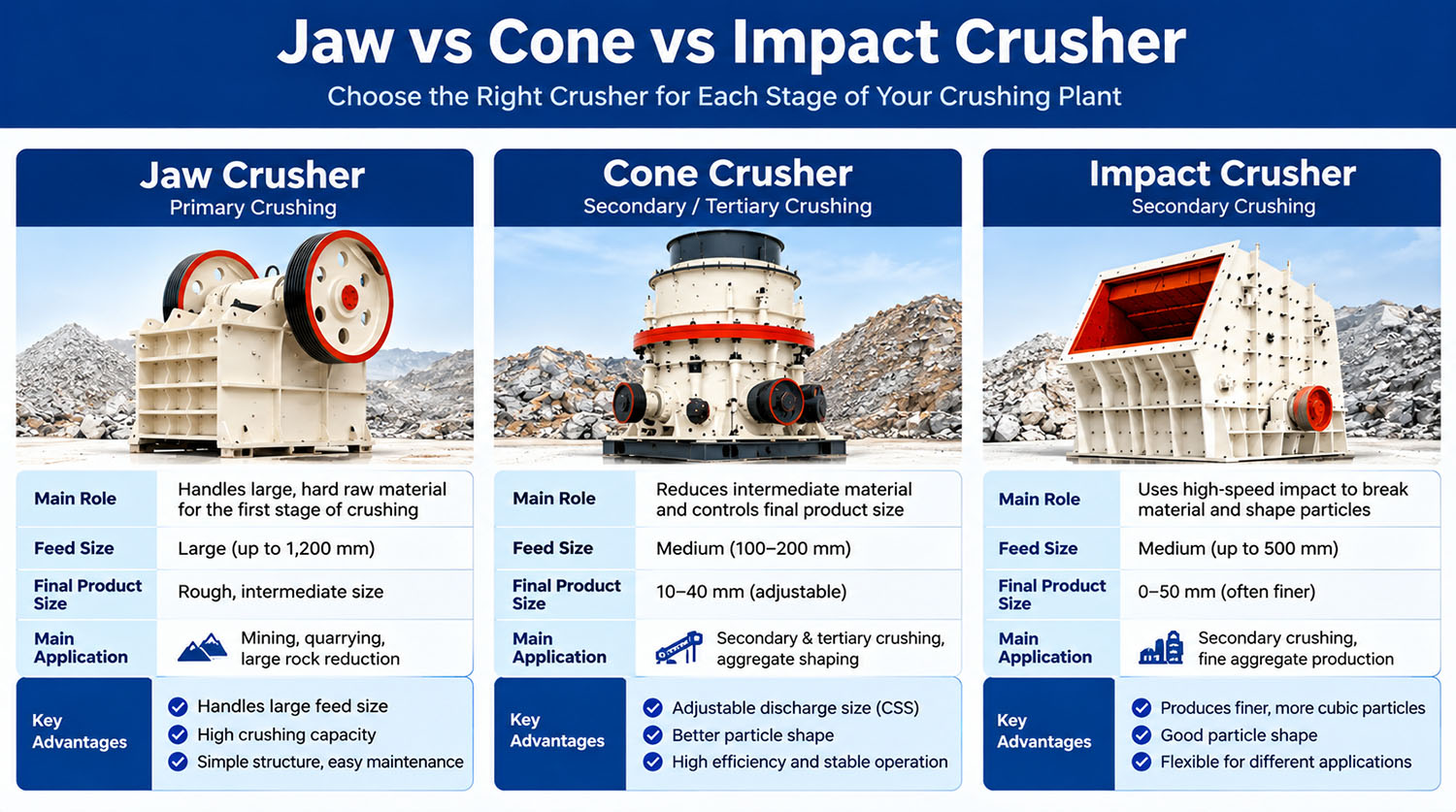 Cone Crusher vs Jaw Crusher vs Impact Crusher Cone Crusher vs Jaw Crusher vs Impact Crusher